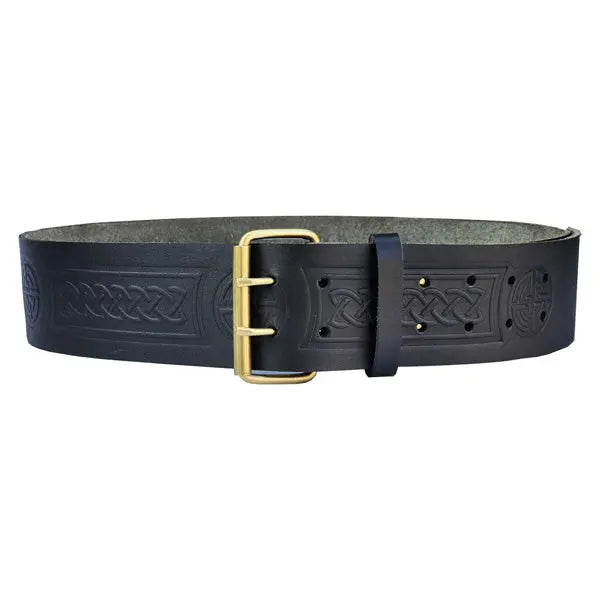 Double Prong Celtic Knot Embossed Black Leather Kilt Belt CLOUD KILT