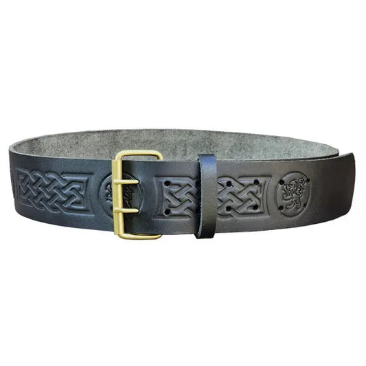 Double Prong Rampant Lion Embossed Black Leather Kilt Belt CLOUD KILT