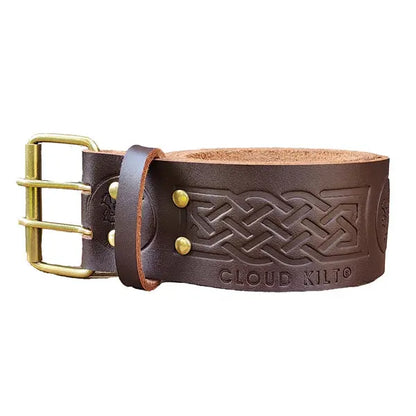 Double Prong Thistle Embossed Brown Leather Kilt Belt CLOUD KILT