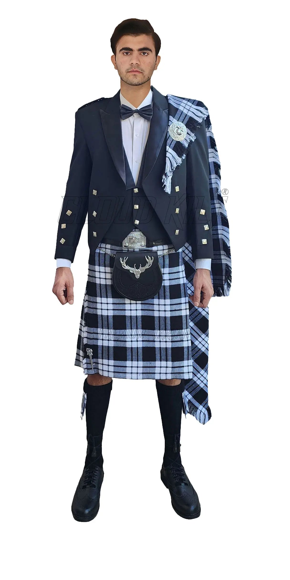 Prince Charlie Kilt Outfit With MacFarlane Black and White Tartan Kilt CLOUD KILT