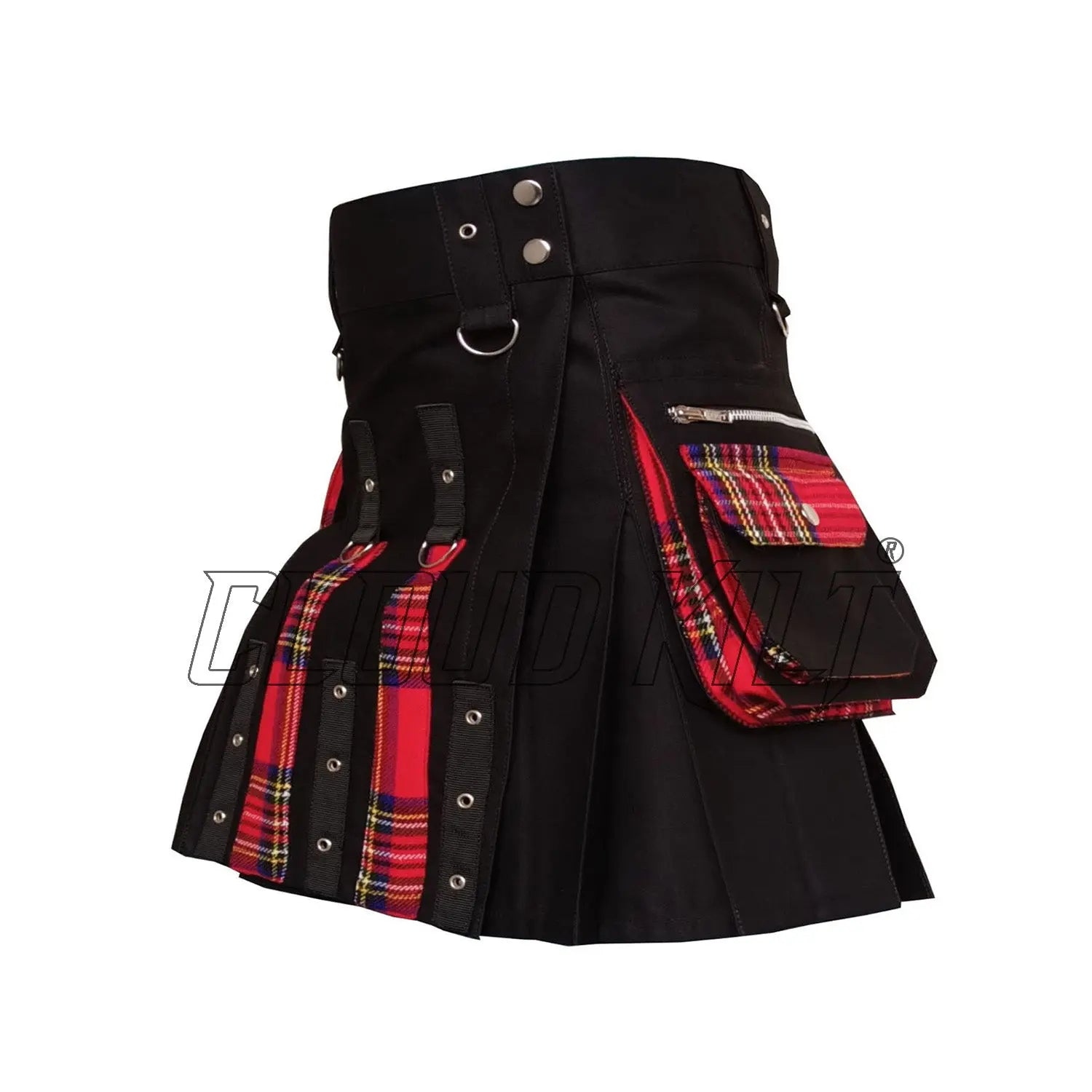 Women Black With Royal Stewart Box Pleat Utility Kilt CLOUD KILT